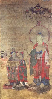 Buddha Prints: Greeting the Righteous Man on the Way to the Pure Land of Amitabha (Thangka), 12th century