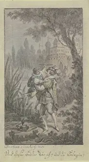 Salutation Prints: Greeting scene of two men at a castle. Creator: Christian Sambach
