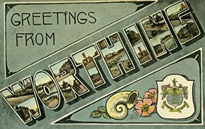 County Collection: Greetings from Worthing, postcard, c1913.Artist: Milton