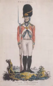 Grenadier Prints: Grenadier in the Bank Volunteers, holding a rifle with a bayonet attached, 1799. Artist