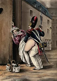 Grenadier Prints: A grenadier and a woman having sexual intercourse outside a sentry box