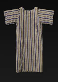 Grey, blue, and maize-colored cotton striped dress designed by Willi Smith, 1969-1987
