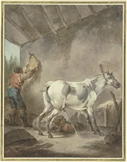 Stable Prints: A grey horse in its stall, with a farmer hanging up a saddle