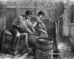 Grinding Wheel Prints: Grinders at work on a wheel, c1880