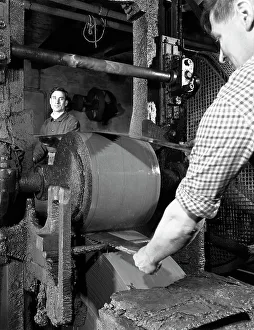 Steelworker Prints: Grinding two metre saw blades at Slack Sellars & Co Ltd, Sheffield, South Yorkshire, 1963