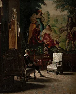 Edvard Perséus Prints: Gripsholm, interior from the King's bedchamber with male staffage figure