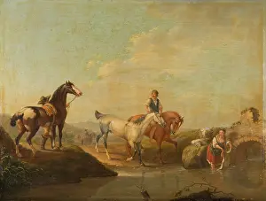 Leading Prints: A Groom Leading two Horses to the Water, 1780-1789. Creator: Johann Georg Pforr