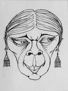 Grotesque face, 1952. Shirley Markham (1931-1999) studied Graphic Design and Illustration at Central School of Art in London from 1950-1952. The writer, artist, poet, and illustrator Mervyn Peake (1911-1968) was one of her tutors, and her style of drawing was also influenced by other British illustrators such as Edward Ardizzone, Quentin Blake and Edward Bawden. Markham spent time in the Dolomite Mountains in Italy, and also visited Rome, sketching classical buildings. After graduating from Central, she worked as a graphic designer, producing book illustrations, cartoons for comics, menus and programmes. She gave up her promising career however when she got married in 1957. Middle-class women at that time were expected to devote their energies to bringing up children and running the home, and despite her obvious talent, she lacked the confidence to return to illustration. Her portfolio remained in the family attic for many years, but now her work is published here for the first time Grotesque face, 1952. Creator: Shirley Markham