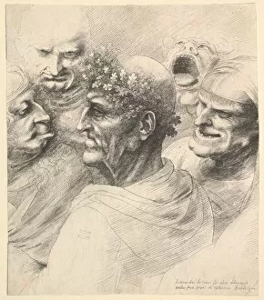 Five grotesque heads, including an elderly man with an oak leaf wreath, 1646