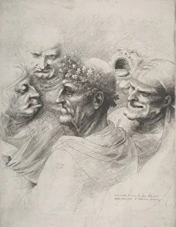 Five grotesque heads, including an elderly man with an oak leaf wreath, 1646. 1646