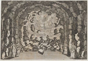 A grotto with collapsing rocks, opening to a sky full of the enthroned gods of Olympus, in..., 1678