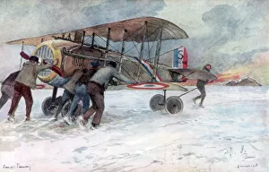 Ground crew attending to a French Spad on a snow-covered field, 1918, (1926). Artist: Francois Flameng