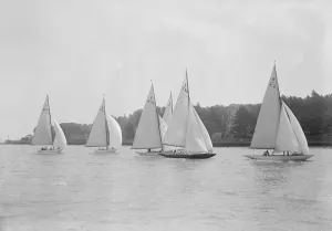 Bermuda Rig Prints: A group of 6 metre boats racing downwind, 1931. Creator: Kirk & Sons of Cowes