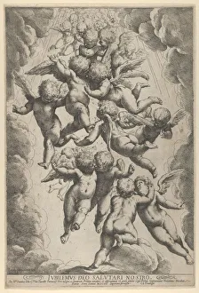 Cambiaci Luca Prints: A group of angels embracing in flight, framed by clouds, ca. 1607. ca. 1607
