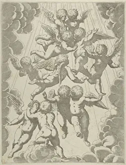 A group of angels embracing in flight, framed by clouds, after Reni, ca. 1600-1640. Creator: Anon