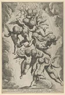 Cambiaci Luca Collection: A group of angels embracing in flight, framed by clouds, ca. 1607. ca. 1607