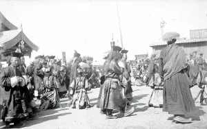 Mongolian Prints: A group of Buddhist monks in the datsan, 1880. Creator: Nikolai Nikolaevich Petrov