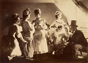 Actresses Gallery: A Group of Six Costumed Women Posed in Interior with Top Hatted Gentlemen, c1885