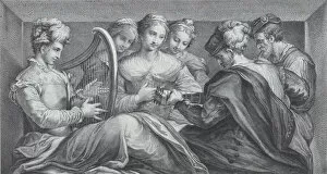 Images Dated 26th November 2020: A group of elegantly dressed people playing the harp and a guitar, 1740-68
