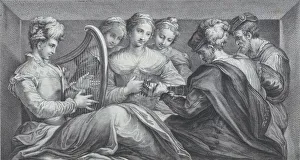 A group of elegantly dressed people playing the harp and a guitar, 1740-68