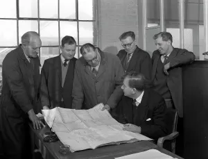 Technical Drawing Prints: A group of foundry staff with technical drawings, Sheffield, South Yorkshire, 1963