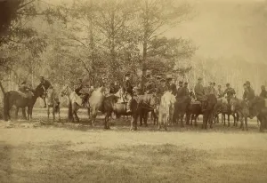 Russian Federation Prints: A group of hunters on horseback, 1910-1919. Creator: Unknown
