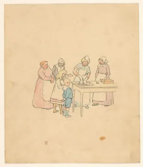 Group looks at woman who kneads dough, c.1880-c.1910. Creator: Anon