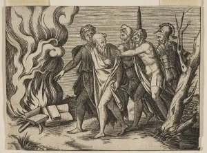 Philosophers Prints: A group of men at right pushing philosophers toward a fire with burning books at th