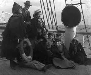 Lifebelt Prints: Group of passengers on deck of S.S. Amsterdam, c1910. Creator: Unknown