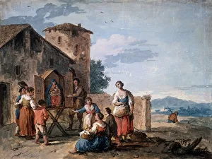 Tabernacle Prints: A group of peasants before the tabernacle with the Standing Madonna statue
