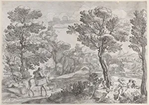 Pannier Prints: A group of people playing cards at right and a man on horseback at left, 1626-80
