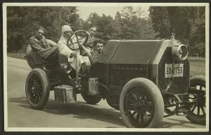 Jumpsuit Prints: Group portrait in car, 1915-1925. Creator: Fedele Azari