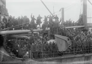 Group portrait of sailors on a military ship, between c1915 and c1920. Creator: Bain News Service