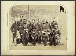 Brick Wall Prints: Group portrait of Scots Guards, about 1855-1865. Creator: Unknown