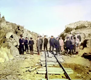 Group Portraits Prints: Group of railroad construction participants near the town of Kem