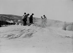 Hot Springs Prints: A group of tourists explore a geyser in the Upper Geyser Basin in Yellowstone National Park