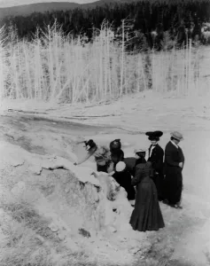 Photographic Prints 1900 1910 Gmgpc Prints: A group of tourists explore land formations in Yellowstone National Park