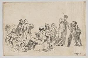 Shepherdesses Prints: A group of nine women, one at center holds a baby and one at right holds a shepherdes