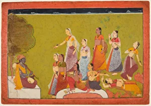 Color On Paper Prints: A group of women in ecstasy before before Madhava