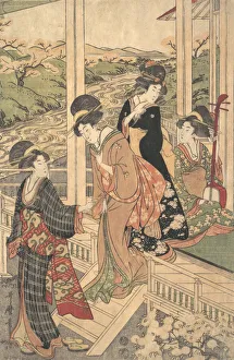Images Dated 21st October 2020: Group of Women on the Engawa of a Country House, in the time of the Cherry Blossoming