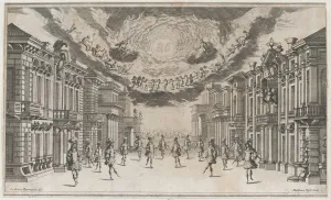 Kusel Mathaus Prints: A group of young men dancing as the gods look on from above; set design from Il Pomo D'Or