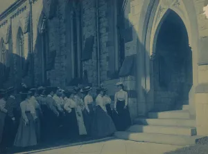 Cyanotypes 1890 1900 Gmgpc Prints: Group of young women at entrance of church, (1899?). Creator: Frances Benjamin Johnston