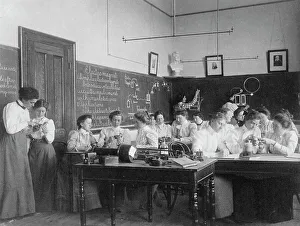 Electromagnetic Theory Prints: Group of young women studying electro-magnets in normal school