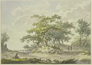 Travelling Prints: Groups of oak trees, two hikers on the right