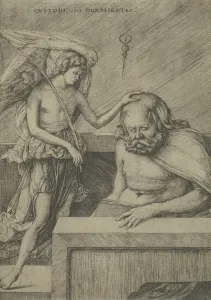 Jacopo Barbari Prints: The Guardian Angel: an angel at left placing his hand on the head of a sleeping s