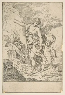 Guardian Prints: A guardian angel walking with a child, ca. 1640. Creator: Simone Cantarini