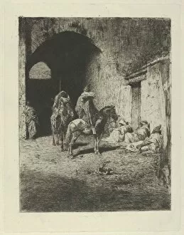 Guards on horseback at the entrance to the Kasbah in Tetuan, figures sitting on the gro, ca. 1873