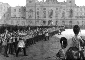 Horse Guard Prints: Guards trooping the colours in St Jamess Park on Her Majestys birthday, 1875