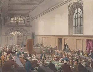 Augustus Charles Gallery: Guildhall, Examination of a Bankrupt before his Creditors (Microcosm of London