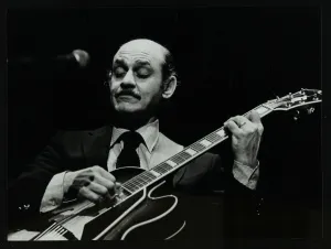 Guitarist Joe Pass on stage at the Forum Theatre, Hatfield, Hertfordshire, 12 November 1980
